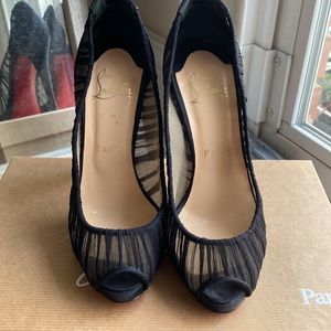 Christian Louboutin Black Fabric And Satin Ambrosina Peep Toe Pumps | Size 35.5